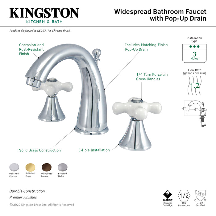 Kingston Tulare KS2978PX - Naples Two-Handle 3-Hole Deck Mount Widespread Bathroom Faucet with Brass Pop-Up, Brushed Nickel