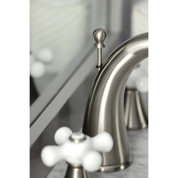 Kingston Tulare KS2978PX - Naples Two-Handle 3-Hole Deck Mount Widespread Bathroom Faucet with Brass Pop-Up, Brushed Nickel