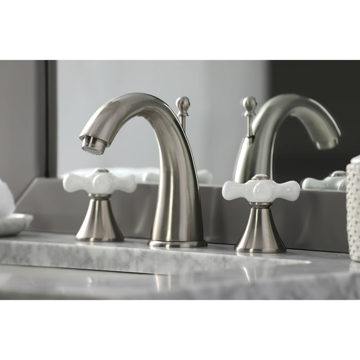 Kingston Tulare KS2978PX - Naples Two-Handle 3-Hole Deck Mount Widespread Bathroom Faucet with Brass Pop-Up, Brushed Nickel
