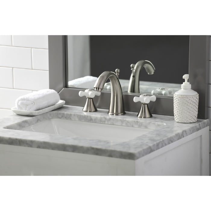 Kingston Tulare KS2978PX - Naples Two-Handle 3-Hole Deck Mount Widespread Bathroom Faucet with Brass Pop-Up, Brushed Nickel