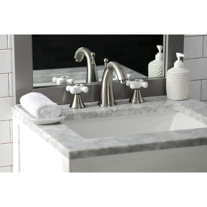 Kingston Tulare KS2978PX - Naples Two-Handle 3-Hole Deck Mount Widespread Bathroom Faucet with Brass Pop-Up, Brushed Nickel