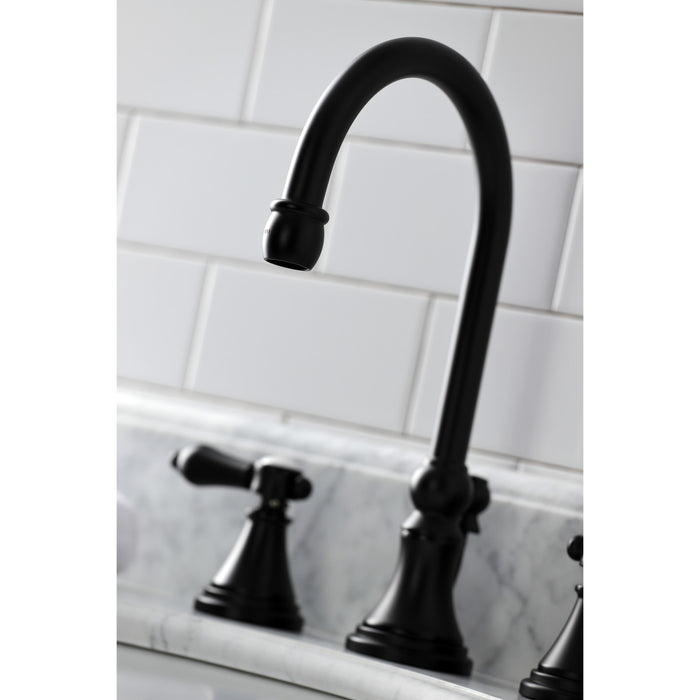 Heirloom KS2980BAL Two-Handle 3-Hole Deck Mount Widespread Bathroom Faucet with Brass Pop-Up, Matte Black
