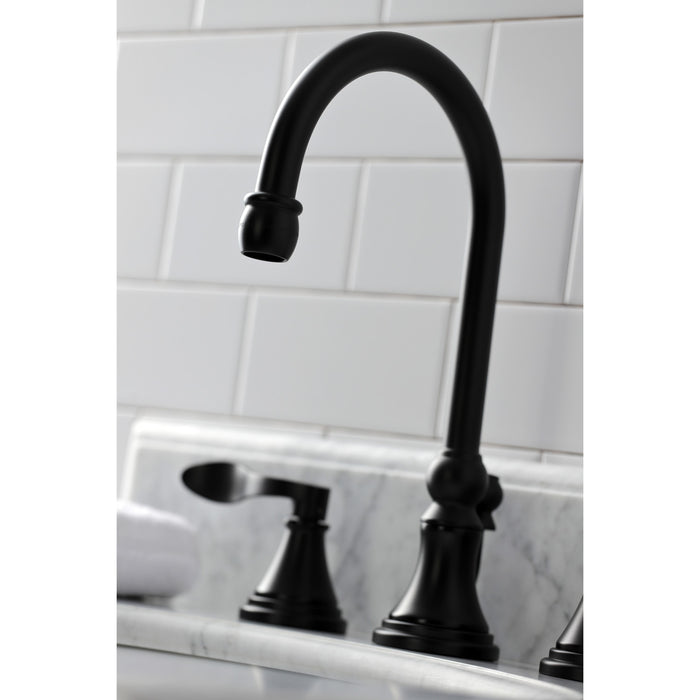 NuFrench KS2980DFL Two-Handle 3-Hole Deck Mount Widespread Bathroom Faucet with Brass Pop-Up, Matte Black