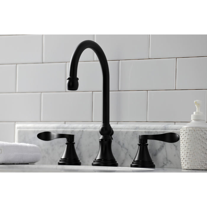 NuFrench KS2980DFL Two-Handle 3-Hole Deck Mount Widespread Bathroom Faucet with Brass Pop-Up, Matte Black