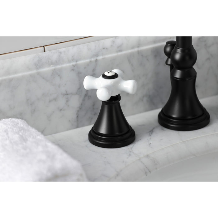 Kingston Tulare KS2980PX - Governor Two-Handle 3-Hole Deck Mount Widespread Bathroom Faucet with Brass Pop-Up, Matte Black