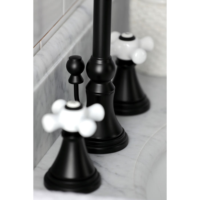 Kingston Tulare KS2980PX - Governor Two-Handle 3-Hole Deck Mount Widespread Bathroom Faucet with Brass Pop-Up, Matte Black