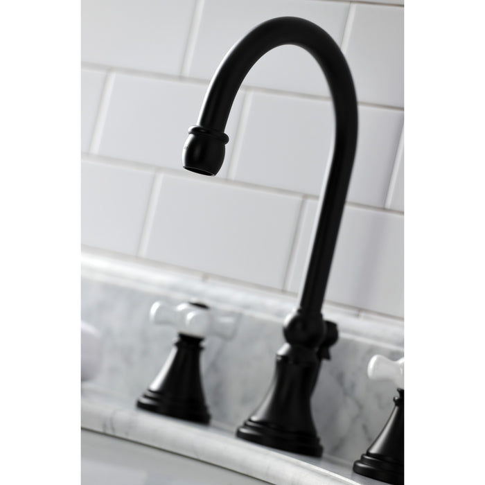Kingston Tulare KS2980PX - Governor Two-Handle 3-Hole Deck Mount Widespread Bathroom Faucet with Brass Pop-Up, Matte Black