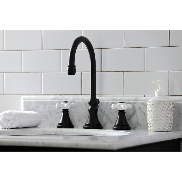 Kingston Tulare KS2980PX - Governor Two-Handle 3-Hole Deck Mount Widespread Bathroom Faucet with Brass Pop-Up, Matte Black