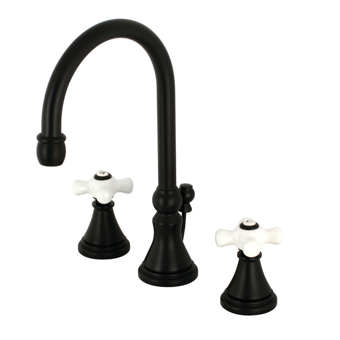 Kingston Tulare KS2980PX - Governor Two-Handle 3-Hole Deck Mount Widespread Bathroom Faucet with Brass Pop-Up, Matte Black