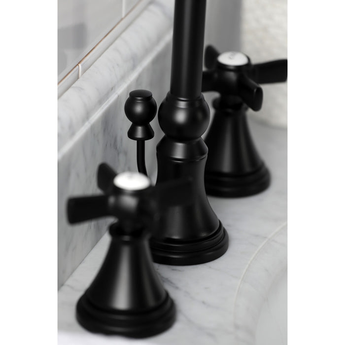 Kingston Tulare KS2980ZX - Millennium Two-Handle 3-Hole Deck Mount Widespread Bathroom Faucet with Brass Pop-Up, Matte Black