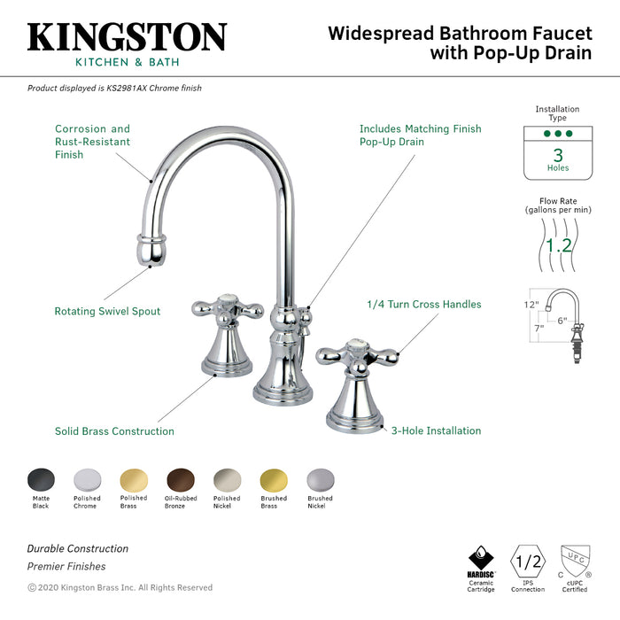 Governor KS2981AX Two-Handle 3-Hole Deck Mount Widespread Bathroom Faucet with Brass Pop-Up, Polished Chrome