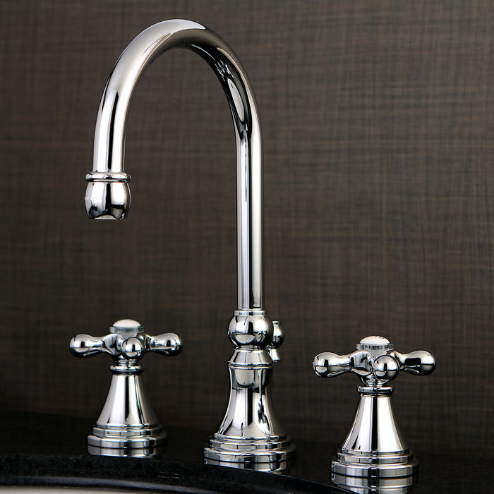 Kingston Tulare KS2981AX - Governor Two-Handle 3-Hole Deck Mount Widespread Bathroom Faucet with Brass Pop-Up, Polished Chrome