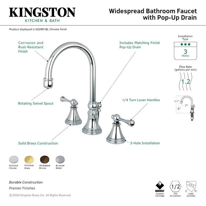 Governor KS2981BL Two-Handle 3-Hole Deck Mount Widespread Bathroom Faucet with Brass Pop-Up, Polished Chrome