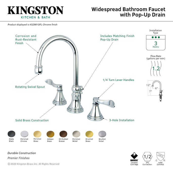 NuFrench KS2981DFL Two-Handle 3-Hole Deck Mount Widespread Bathroom Faucet with Brass Pop-Up, Polished Chrome
