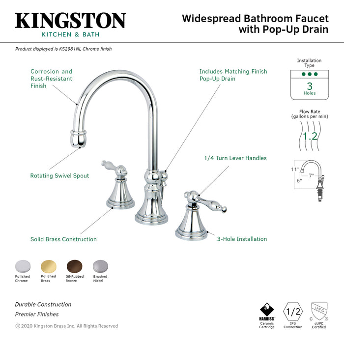 Governor KS2981NL Two-Handle 3-Hole Deck Mount Widespread Bathroom Faucet with Brass Pop-Up, Polished Chrome