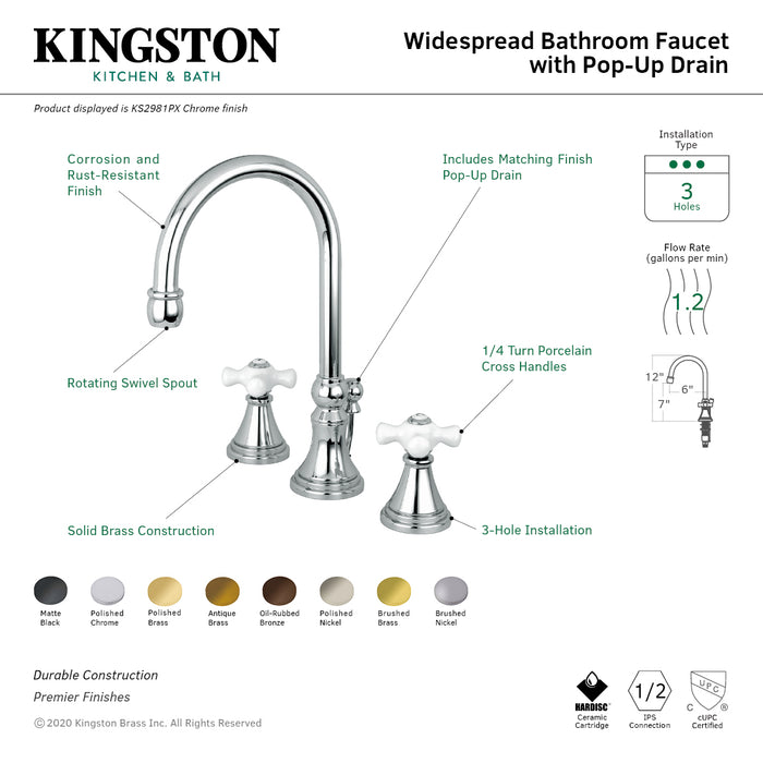 Governor KS2981PX Two-Handle 3-Hole Deck Mount Widespread Bathroom Faucet with Brass Pop-Up, Polished Chrome
