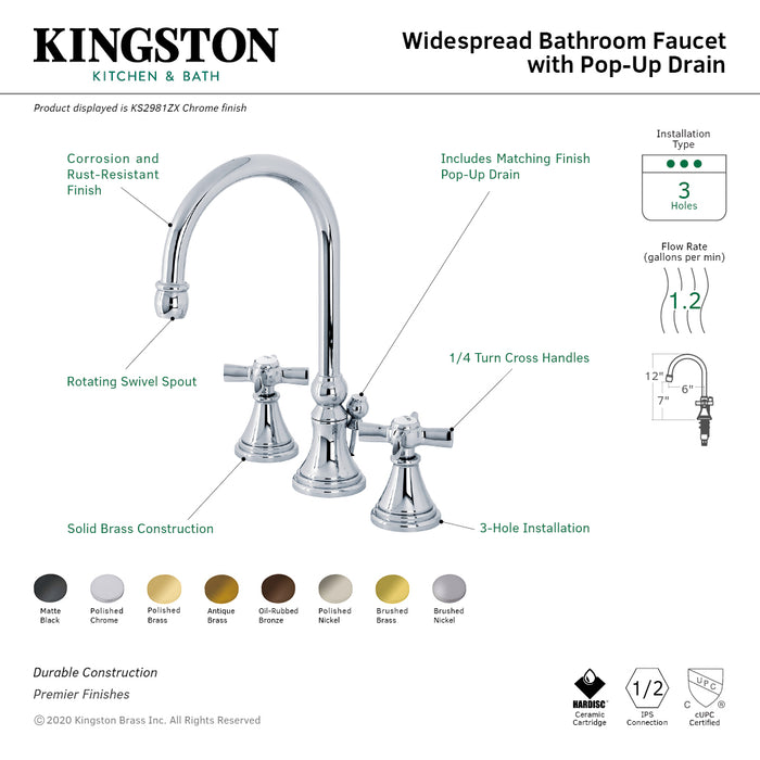 Millennium KS2981ZX Two-Handle 3-Hole Deck Mount Widespread Bathroom Faucet with Brass Pop-Up, Polished Chrome