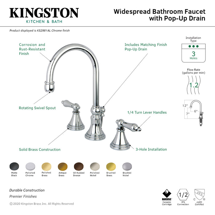 Governor KS2982AL Two-Handle 3-Hole Deck Mount Widespread Bathroom Faucet with Brass Pop-Up, Polished Brass