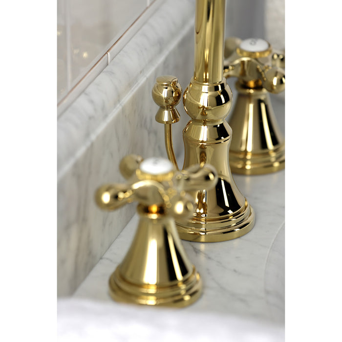 Kingston Tulare KS2982AX - Governor Two-Handle 3-Hole Deck Mount Widespread Bathroom Faucet with Brass Pop-Up, Polished Brass