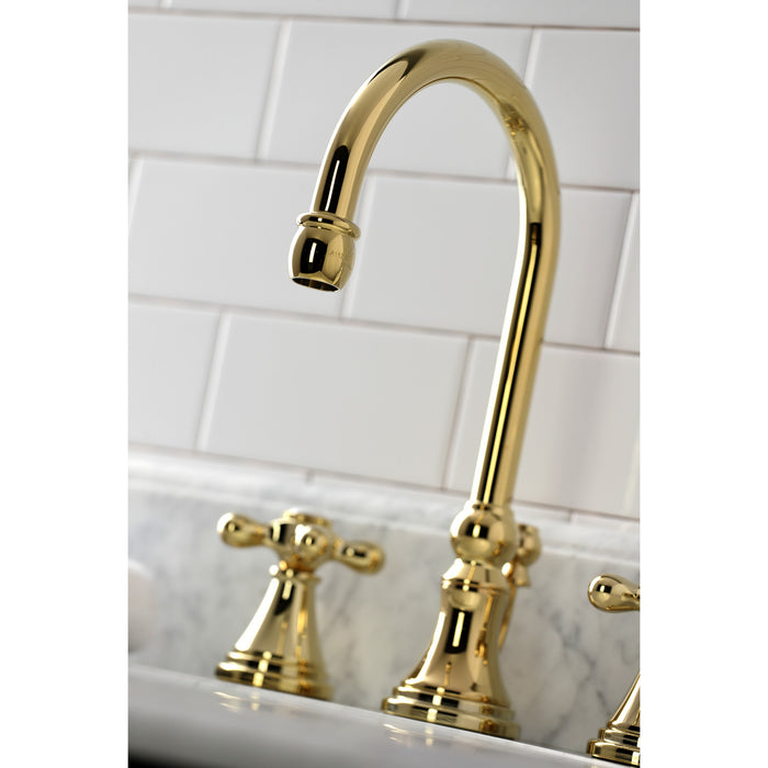 Kingston Tulare KS2982AX - Governor Two-Handle 3-Hole Deck Mount Widespread Bathroom Faucet with Brass Pop-Up, Polished Brass