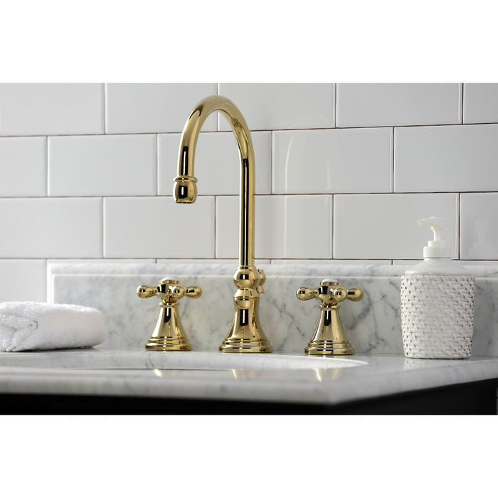 Kingston Tulare KS2982AX - Governor Two-Handle 3-Hole Deck Mount Widespread Bathroom Faucet with Brass Pop-Up, Polished Brass