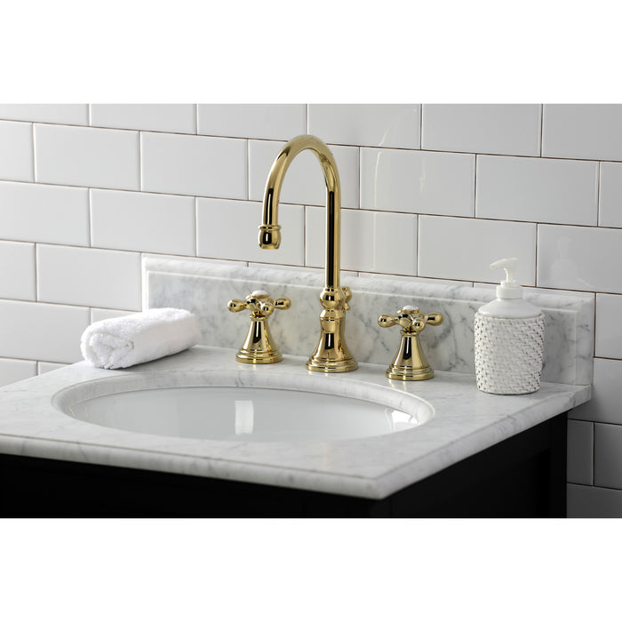 Kingston Tulare KS2982AX - Governor Two-Handle 3-Hole Deck Mount Widespread Bathroom Faucet with Brass Pop-Up, Polished Brass
