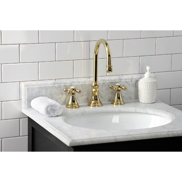 Kingston Tulare KS2982AX - Governor Two-Handle 3-Hole Deck Mount Widespread Bathroom Faucet with Brass Pop-Up, Polished Brass