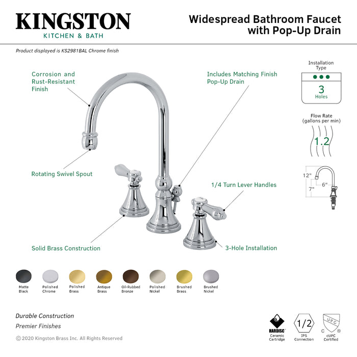 Heirloom KS2982BAL Two-Handle 3-Hole Deck Mount Widespread Bathroom Faucet with Brass Pop-Up, Polished Brass