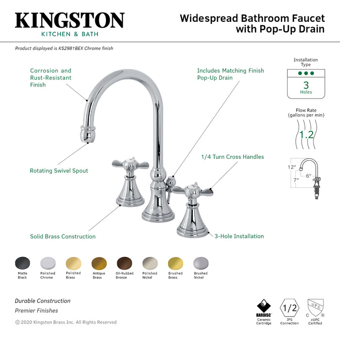 Kingston Tulare KS2982BEX - Essex Two-Handle 3-Hole Deck Mount Widespread Bathroom Faucet with Brass Pop-Up, Polished Brass