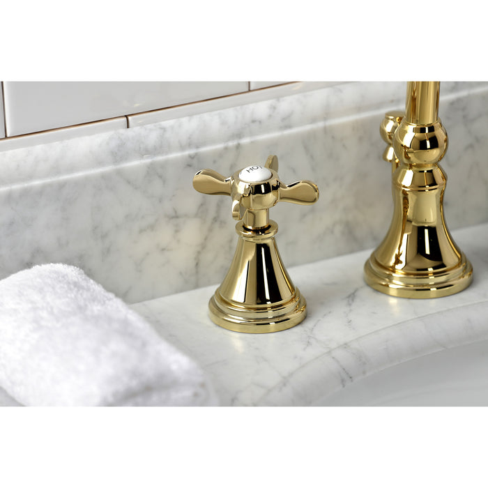 Kingston Tulare KS2982BEX - Essex Two-Handle 3-Hole Deck Mount Widespread Bathroom Faucet with Brass Pop-Up, Polished Brass