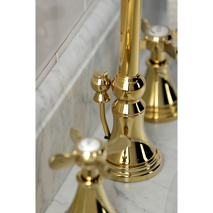Kingston Tulare KS2982BEX - Essex Two-Handle 3-Hole Deck Mount Widespread Bathroom Faucet with Brass Pop-Up, Polished Brass