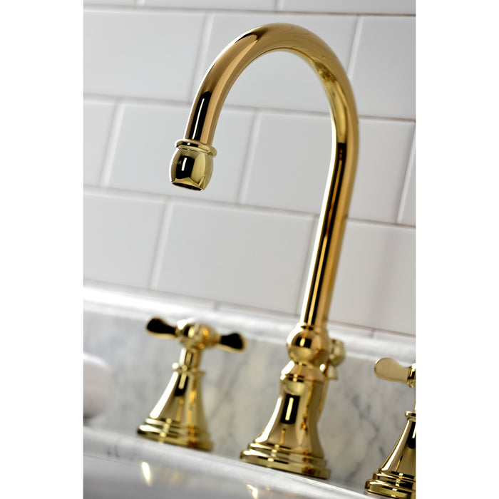 Kingston Tulare KS2982BEX - Essex Two-Handle 3-Hole Deck Mount Widespread Bathroom Faucet with Brass Pop-Up, Polished Brass