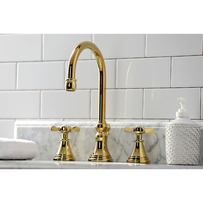 Kingston Tulare KS2982BEX - Essex Two-Handle 3-Hole Deck Mount Widespread Bathroom Faucet with Brass Pop-Up, Polished Brass