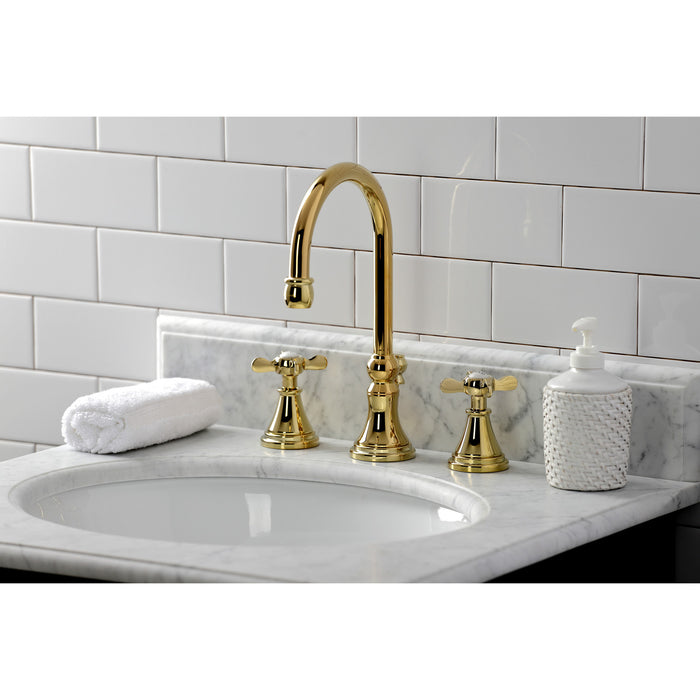Kingston Tulare KS2982BEX - Essex Two-Handle 3-Hole Deck Mount Widespread Bathroom Faucet with Brass Pop-Up, Polished Brass