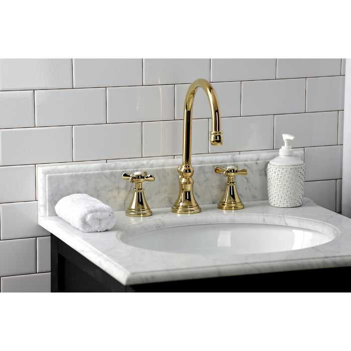 Kingston Tulare KS2982BEX - Essex Two-Handle 3-Hole Deck Mount Widespread Bathroom Faucet with Brass Pop-Up, Polished Brass