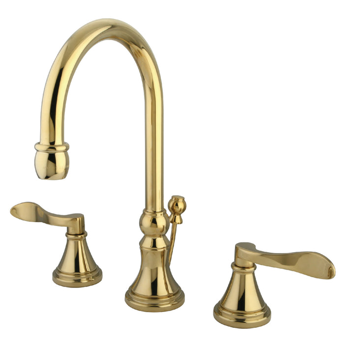 NuFrench KS2982DFL Two-Handle 3-Hole Deck Mount Widespread Bathroom Faucet with Brass Pop-Up, Polished Brass
