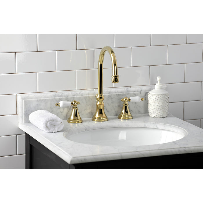 Governor KS2982PL Two-Handle 3-Hole Deck Mount Widespread Bathroom Faucet with Brass Pop-Up, Polished Brass