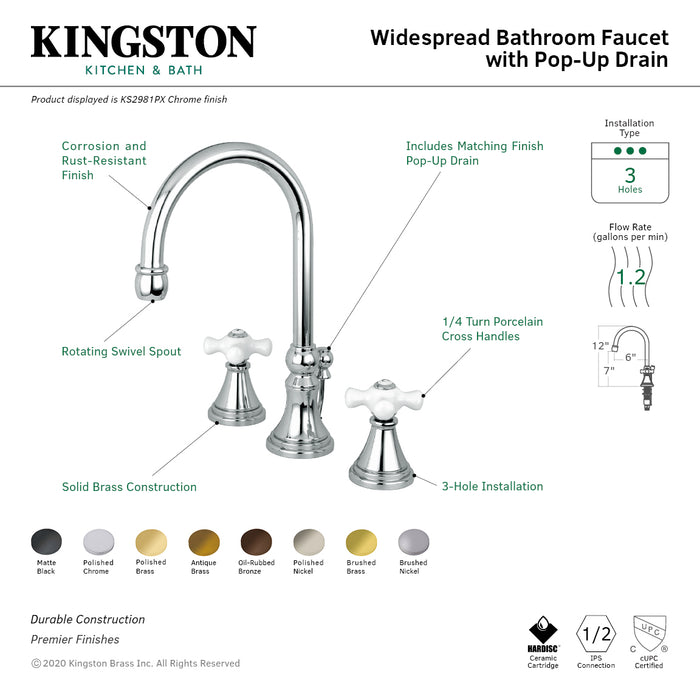 Kingston Tulare KS2982PX - Governor Two-Handle 3-Hole Deck Mount Widespread Bathroom Faucet with Brass Pop-Up, Polished Brass