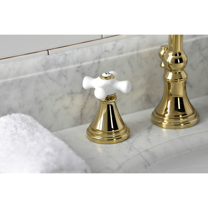Kingston Tulare KS2982PX - Governor Two-Handle 3-Hole Deck Mount Widespread Bathroom Faucet with Brass Pop-Up, Polished Brass
