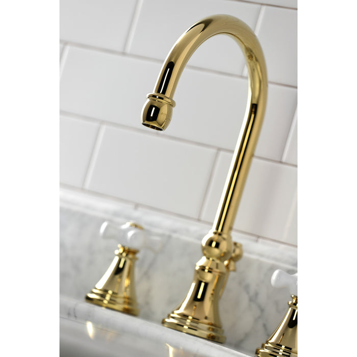 Kingston Tulare KS2982PX - Governor Two-Handle 3-Hole Deck Mount Widespread Bathroom Faucet with Brass Pop-Up, Polished Brass