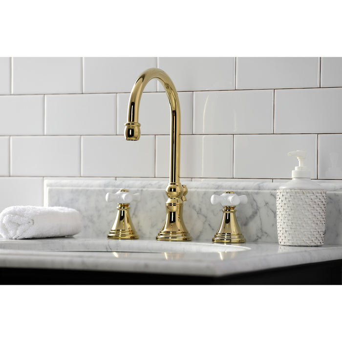 Kingston Tulare KS2982PX - Governor Two-Handle 3-Hole Deck Mount Widespread Bathroom Faucet with Brass Pop-Up, Polished Brass