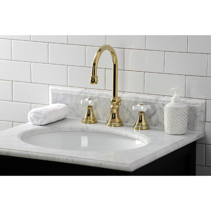 Kingston Tulare KS2982PX - Governor Two-Handle 3-Hole Deck Mount Widespread Bathroom Faucet with Brass Pop-Up, Polished Brass