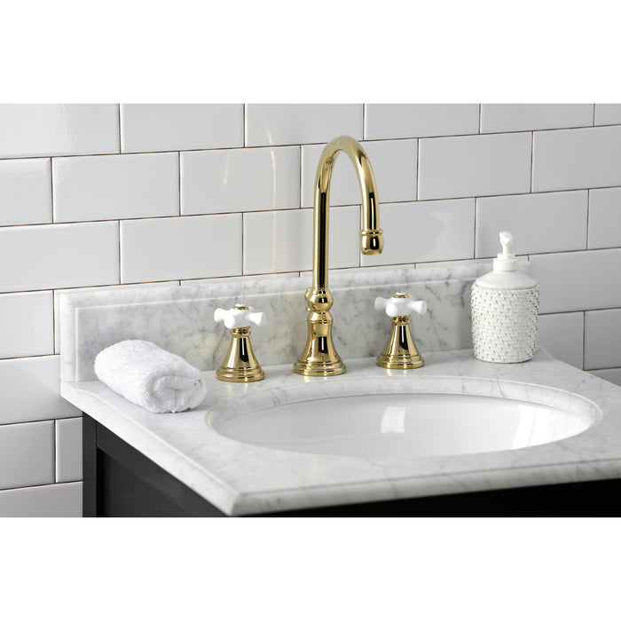Kingston Tulare KS2982PX - Governor Two-Handle 3-Hole Deck Mount Widespread Bathroom Faucet with Brass Pop-Up, Polished Brass