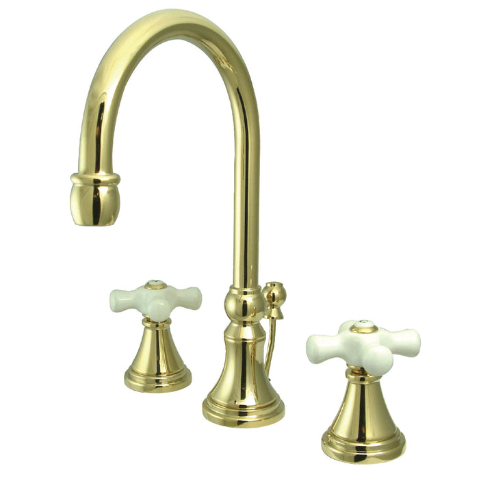 Kingston Tulare KS2982PX - Governor Two-Handle 3-Hole Deck Mount Widespread Bathroom Faucet with Brass Pop-Up, Polished Brass