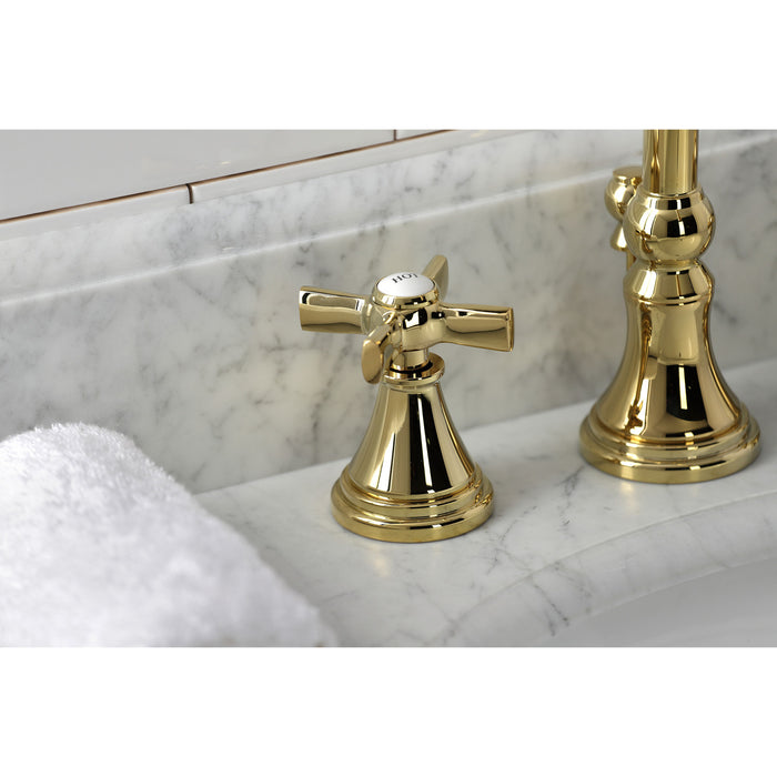Kingston Tulare KS2982ZX - Millennium Two-Handle 3-Hole Deck Mount Widespread Bathroom Faucet with Brass Pop-Up, Polished Brass
