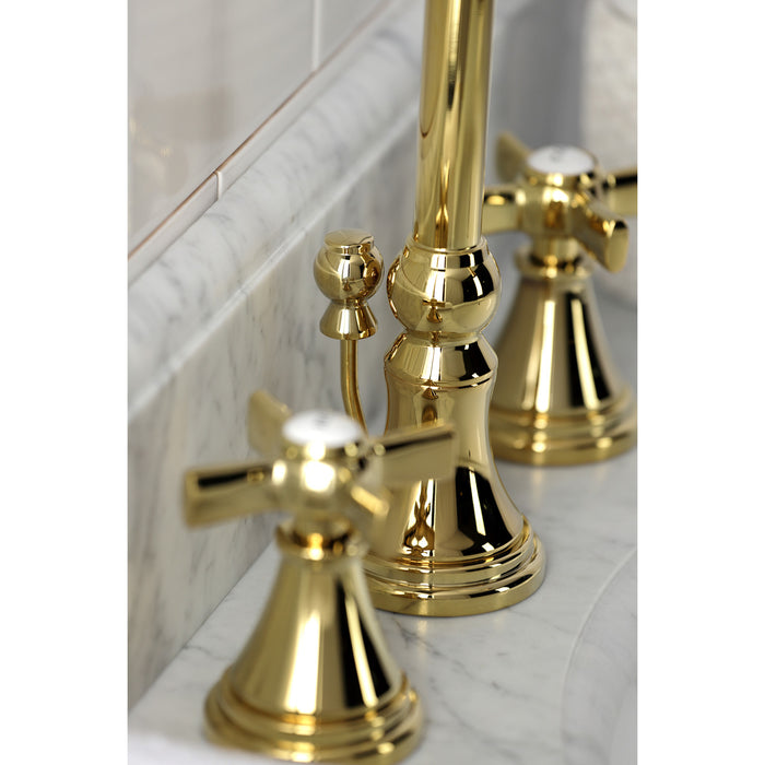 Kingston Tulare KS2982ZX - Millennium Two-Handle 3-Hole Deck Mount Widespread Bathroom Faucet with Brass Pop-Up, Polished Brass