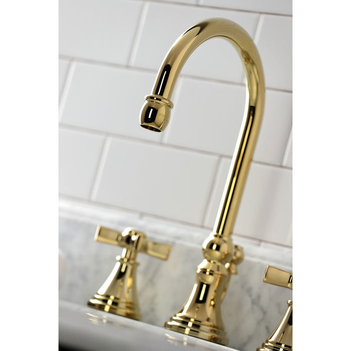 Kingston Tulare KS2982ZX - Millennium Two-Handle 3-Hole Deck Mount Widespread Bathroom Faucet with Brass Pop-Up, Polished Brass