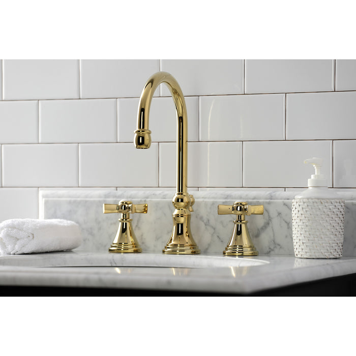 Kingston Tulare KS2982ZX - Millennium Two-Handle 3-Hole Deck Mount Widespread Bathroom Faucet with Brass Pop-Up, Polished Brass