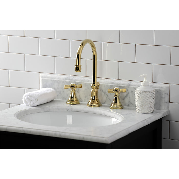 Kingston Tulare KS2982ZX - Millennium Two-Handle 3-Hole Deck Mount Widespread Bathroom Faucet with Brass Pop-Up, Polished Brass