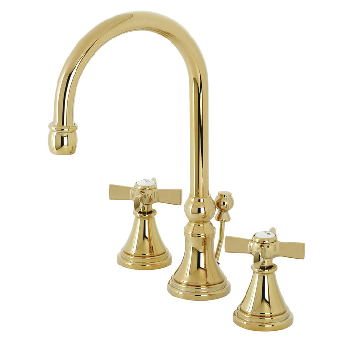 Kingston Tulare KS2982ZX - Millennium Two-Handle 3-Hole Deck Mount Widespread Bathroom Faucet with Brass Pop-Up, Polished Brass